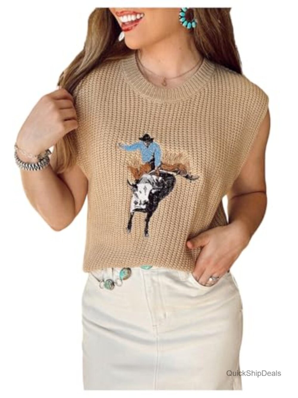Embroidered Western Cowboy Sweater Vest Cap Sleeve Ribbed Knit Pullover